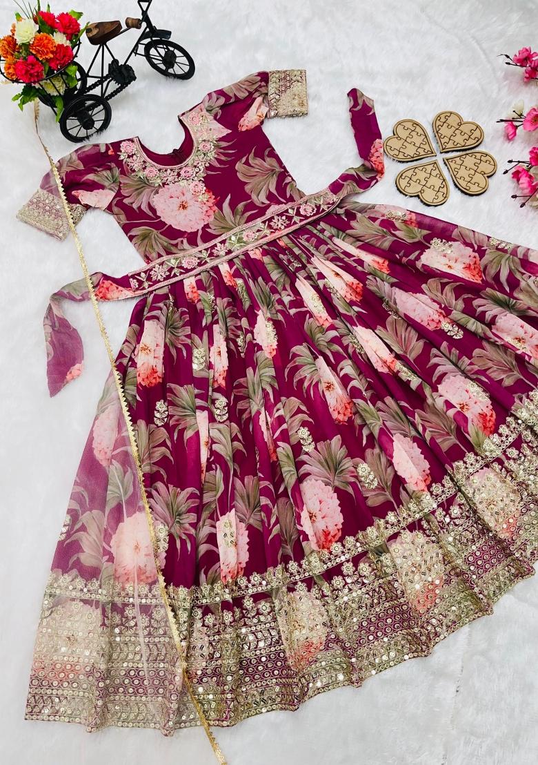Wine Sequin Work Georgette Gown Set For Girls - Indya