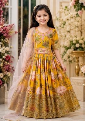 Yellow Sequin Work Georgette Gown Set For Girls