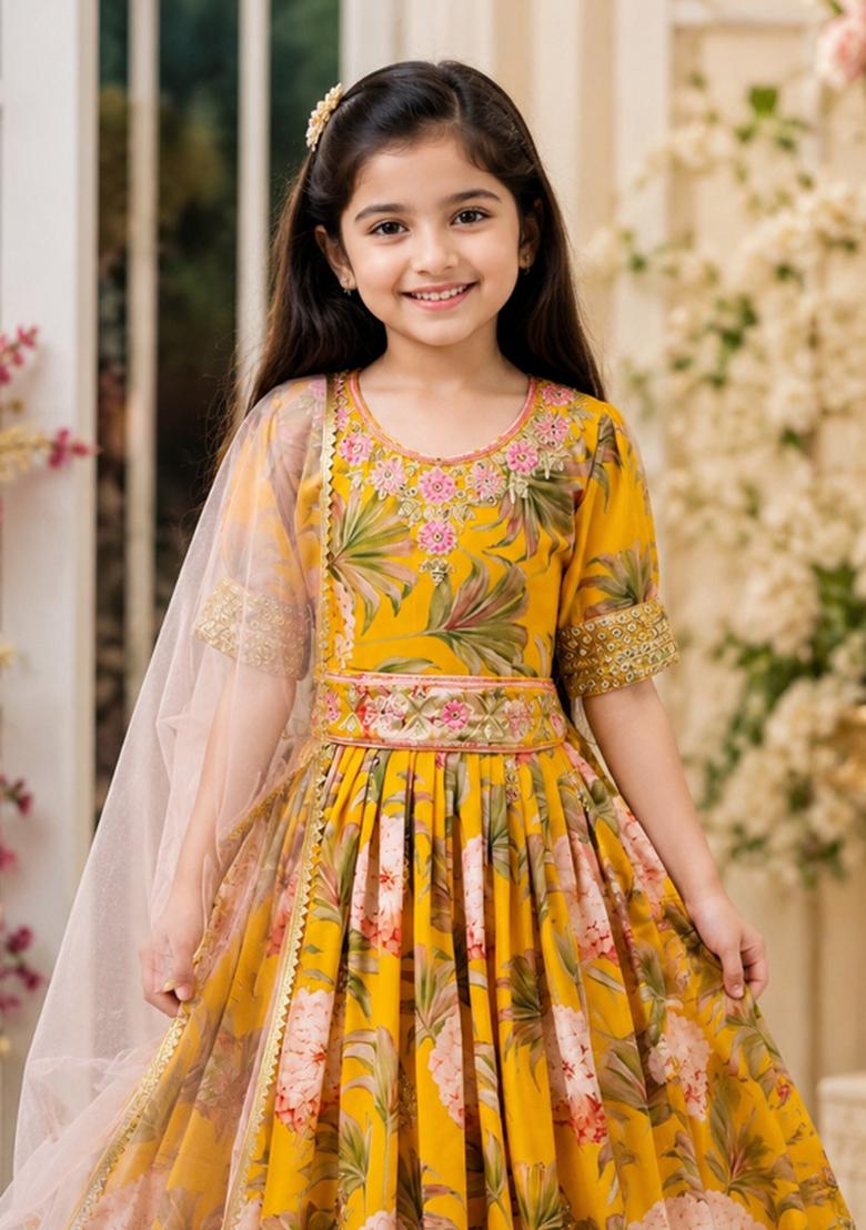 Yellow Sequin Work Georgette Gown Set For Girls - Indya