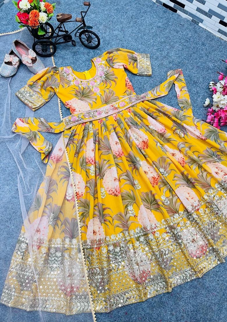Yellow Sequin Work Georgette Gown Set For Girls - Indya