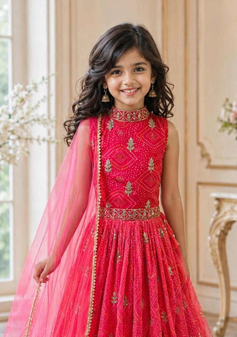 Red Sequin Work Georgette Gown Set For Girls - Indya
