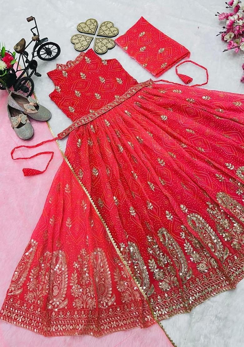 Red Sequin Work Georgette Gown Set For Girls - Indya