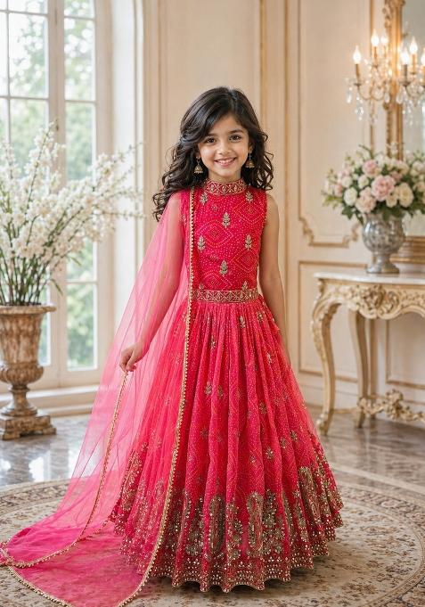 Red Sequin Work Georgette Gown Set For Girls