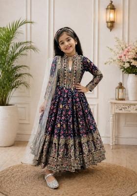 Black Sequin Work Silk Gown With Dupatta For Girls