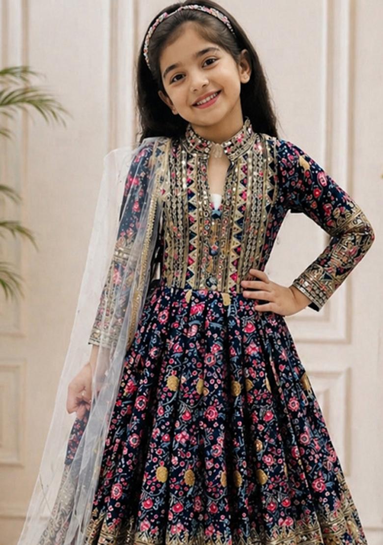 Black Sequin Work Silk Gown With Dupatta For Girls - Indya