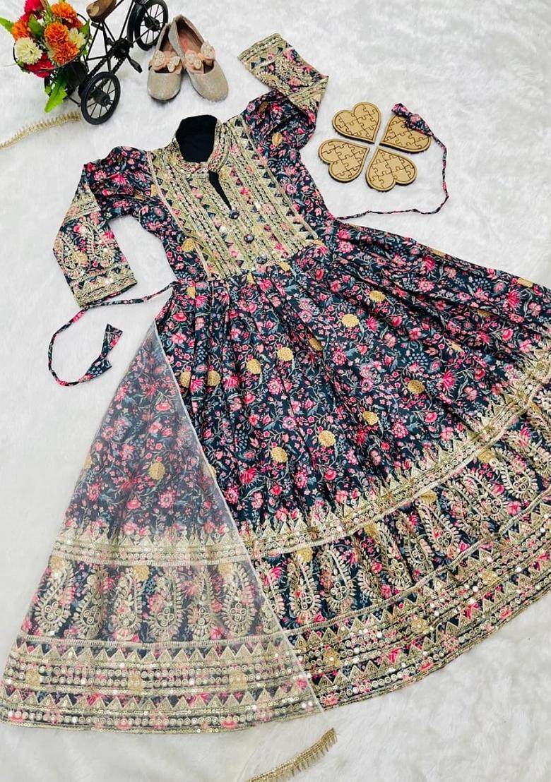 Black Sequin Work Silk Gown With Dupatta For Girls - Indya