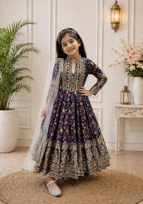 Black Sequin Work Silk Gown With Dupatta For Girls