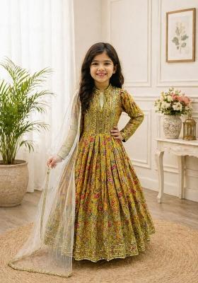 Mustard Sequin Work Silk Gown With Dupatta For Girls