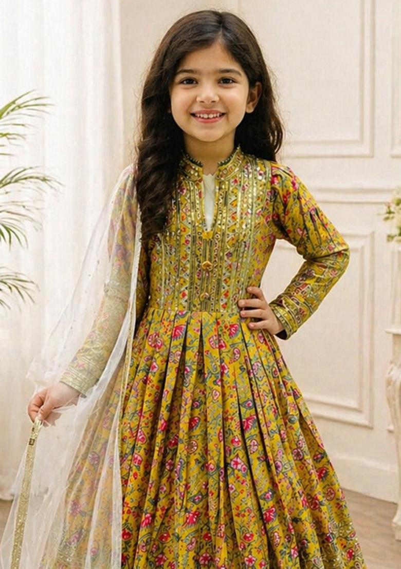 Mustard Sequin Work Silk Gown With Dupatta For Girls - Indya