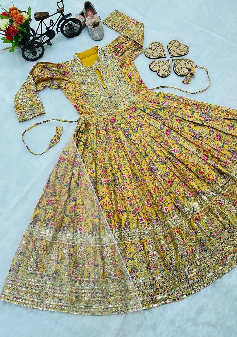 Mustard Sequin Work Silk Gown With Dupatta For Girls - Indya
