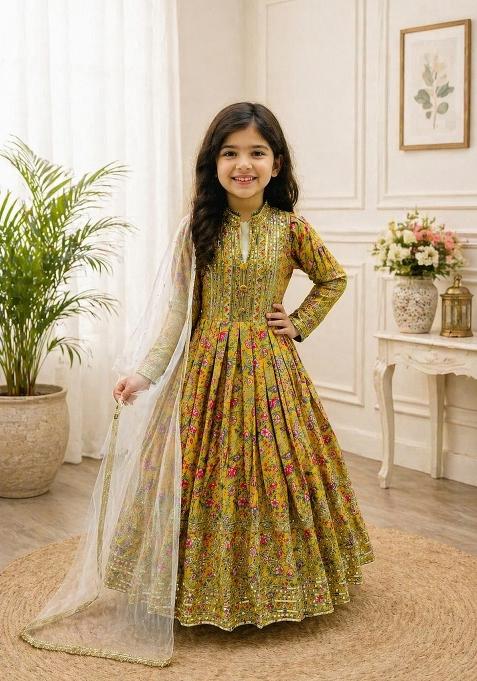 Mustard Sequin Work Silk Gown With Dupatta For Girls