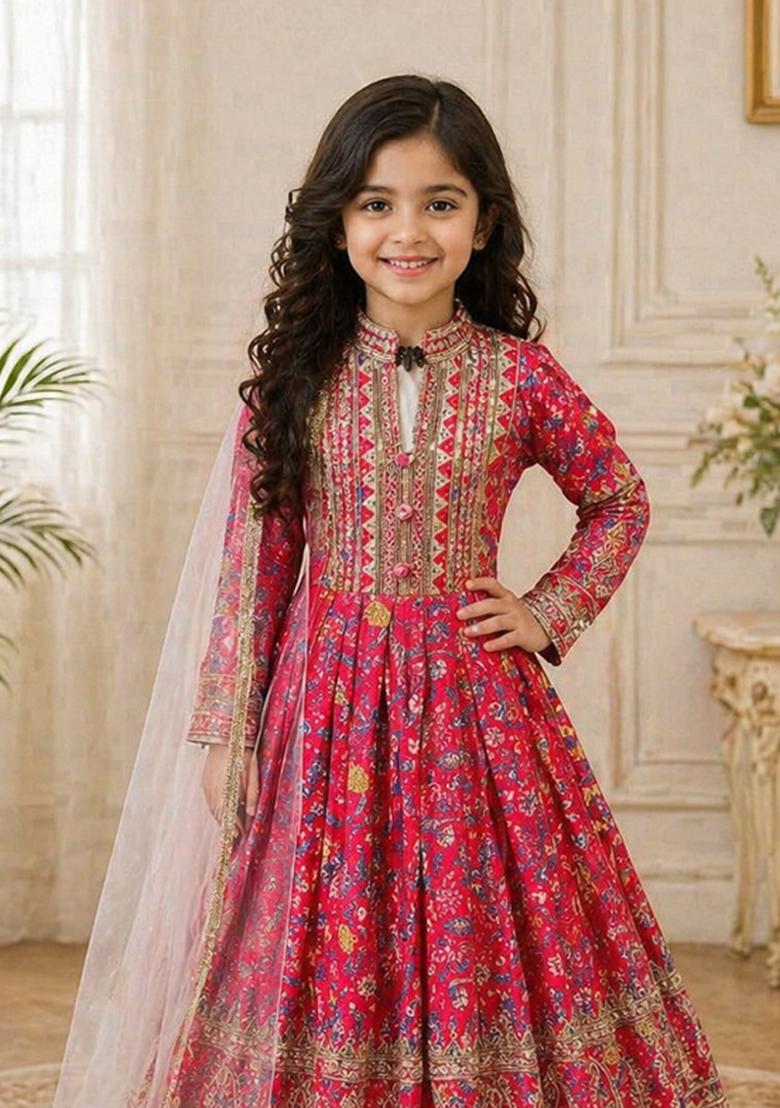 Red Sequin Work Silk Gown With Dupatta For Girls - Indya