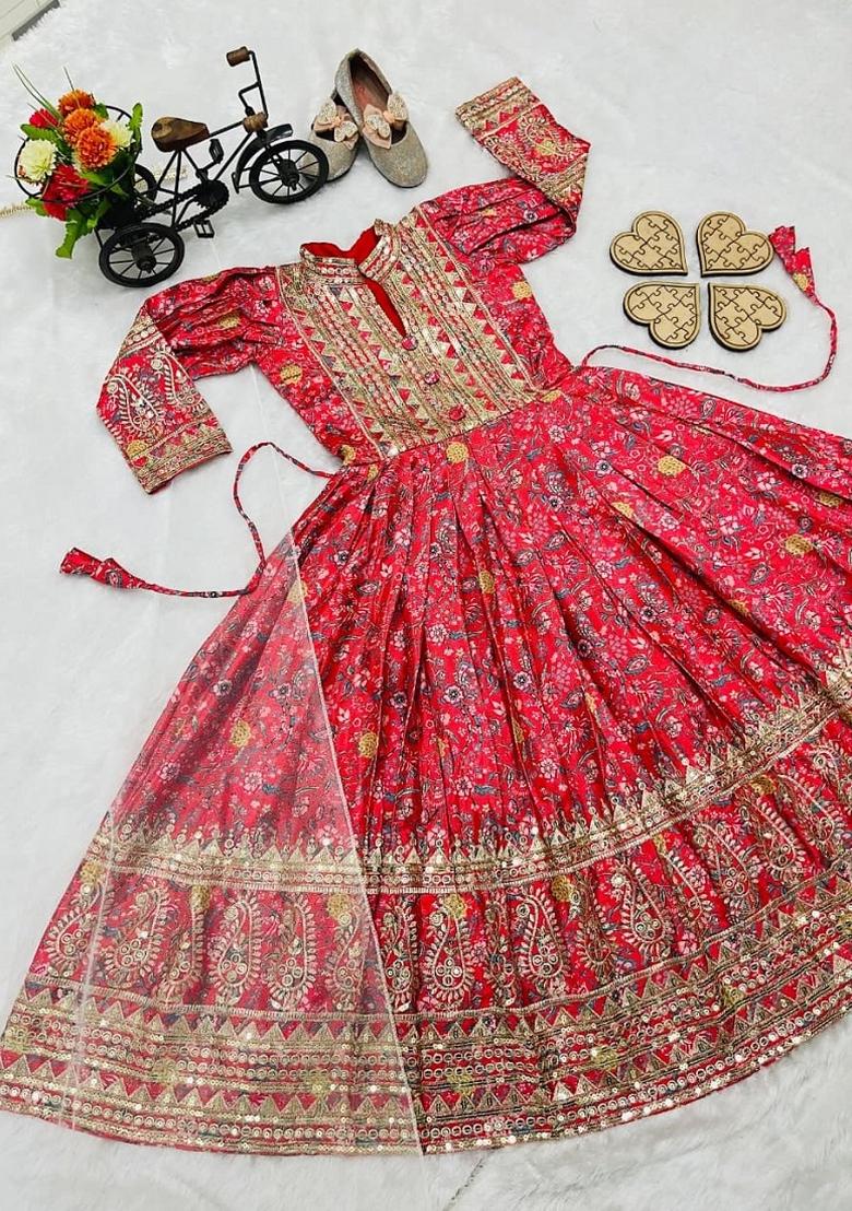 Red Sequin Work Silk Gown With Dupatta For Girls - Indya