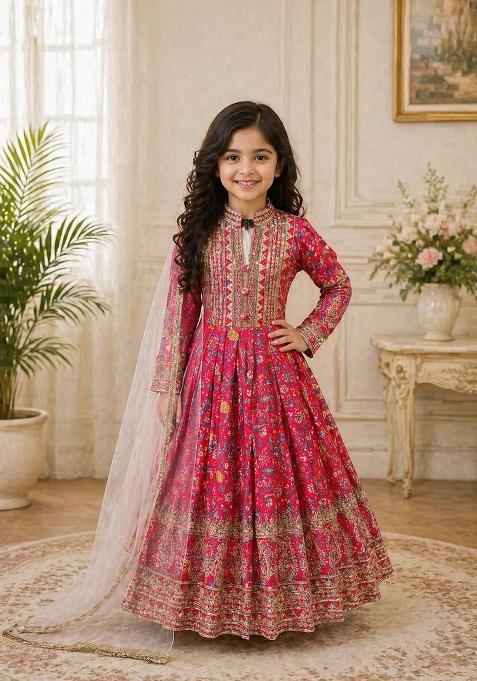 Red Sequin Work Silk Gown With Dupatta For Girls