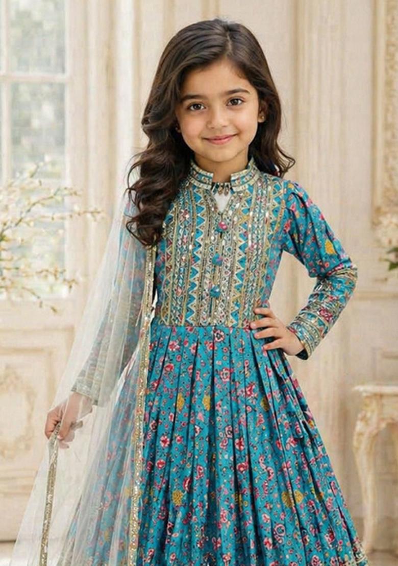 Sky Blue Sequin Work Silk Gown With Dupatta For Girls - Indya