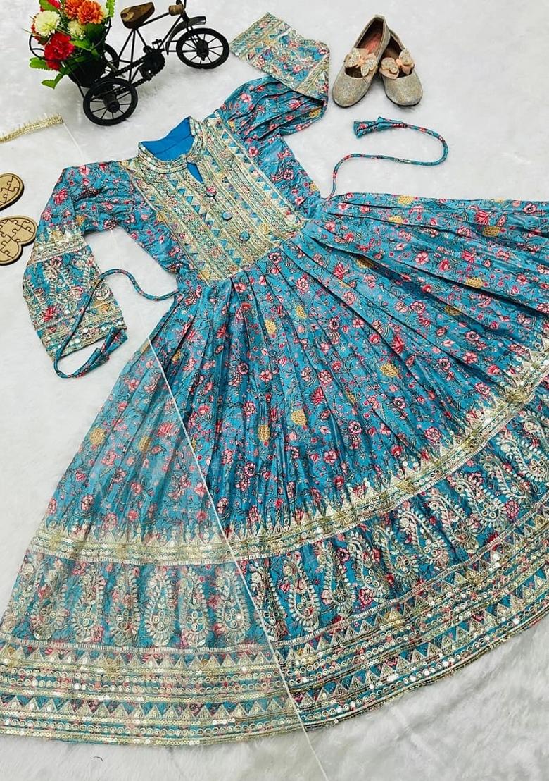 Sky Blue Sequin Work Silk Gown With Dupatta For Girls - Indya