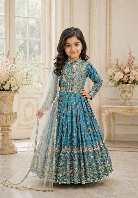 Sky Blue Sequin Work Silk Gown With Dupatta For Girls