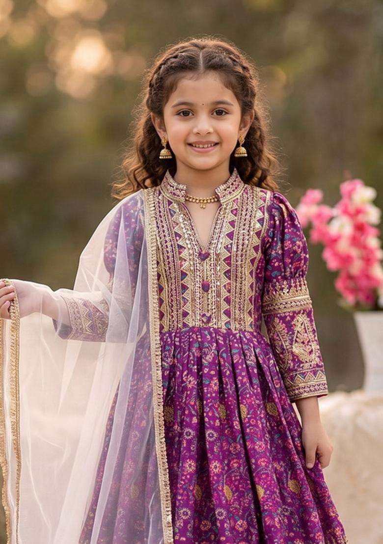 Wine Sequin Work Silk Gown With Dupatta For Girls - Indya