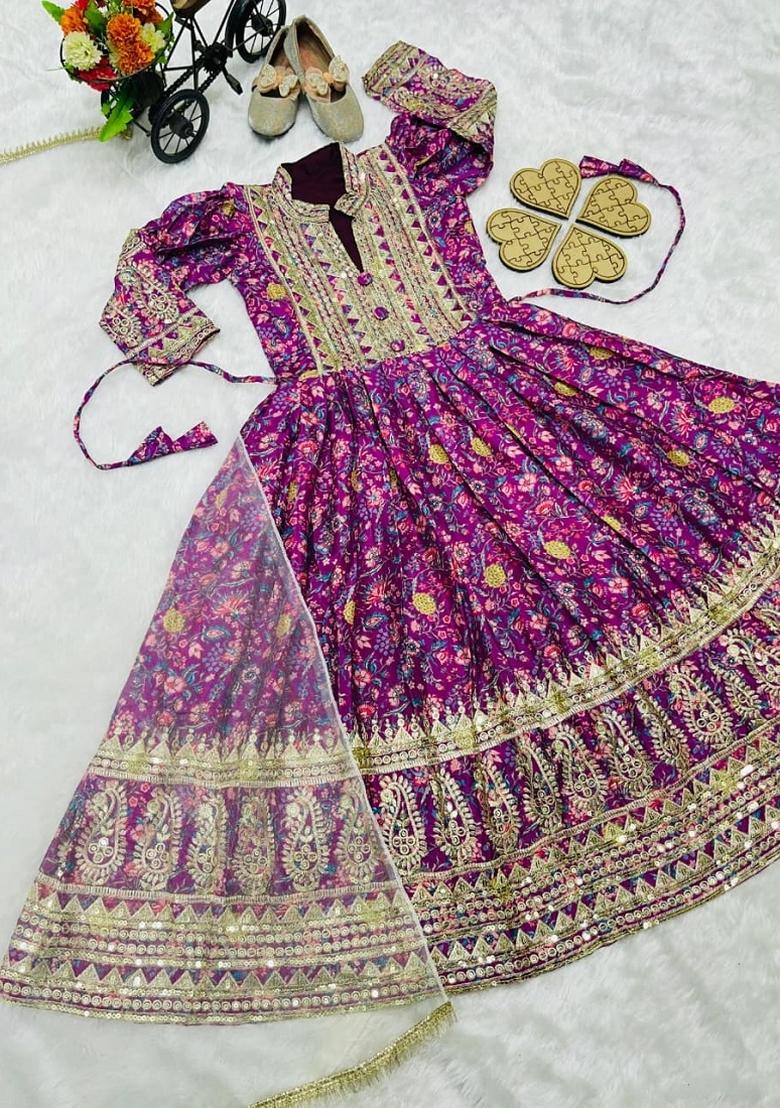 Wine Sequin Work Silk Gown With Dupatta For Girls - Indya