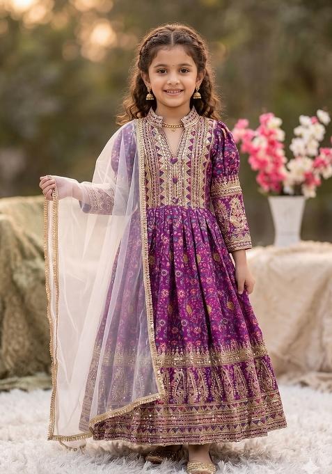 Wine Sequin Work Silk Gown With Dupatta For Girls