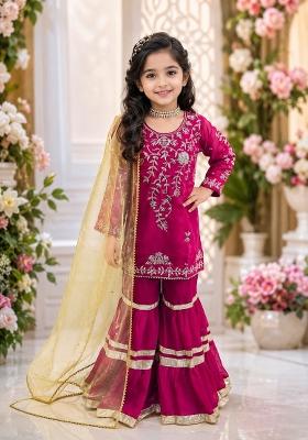 Rani Pink Sequin Work Georgette Sharara Set For Girls