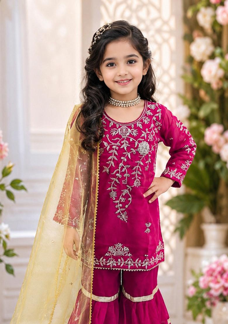 Rani Pink Sequin Work Georgette Sharara Set For Girls - Indya