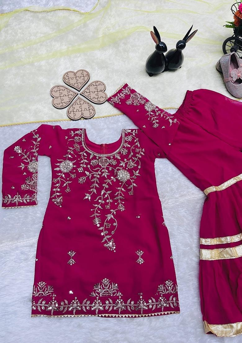 Rani Pink Sequin Work Georgette Sharara Set For Girls - Indya