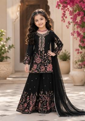 Black Sequin Work Silk Sharara Set For Girls