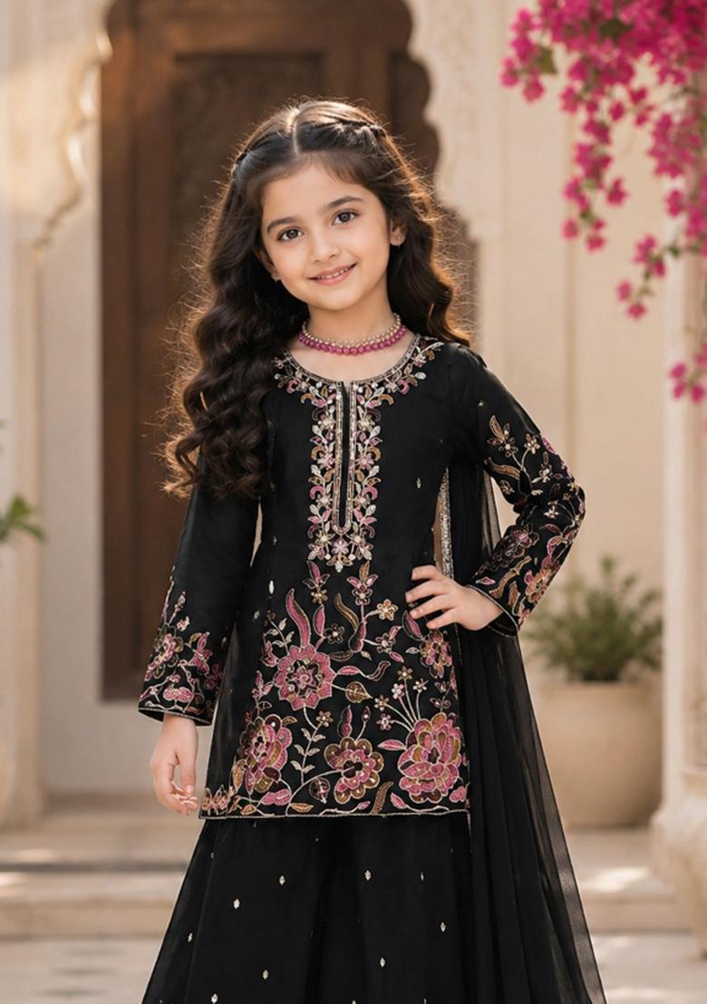 Black Sequin Work Silk Sharara Set For Girls - Indya