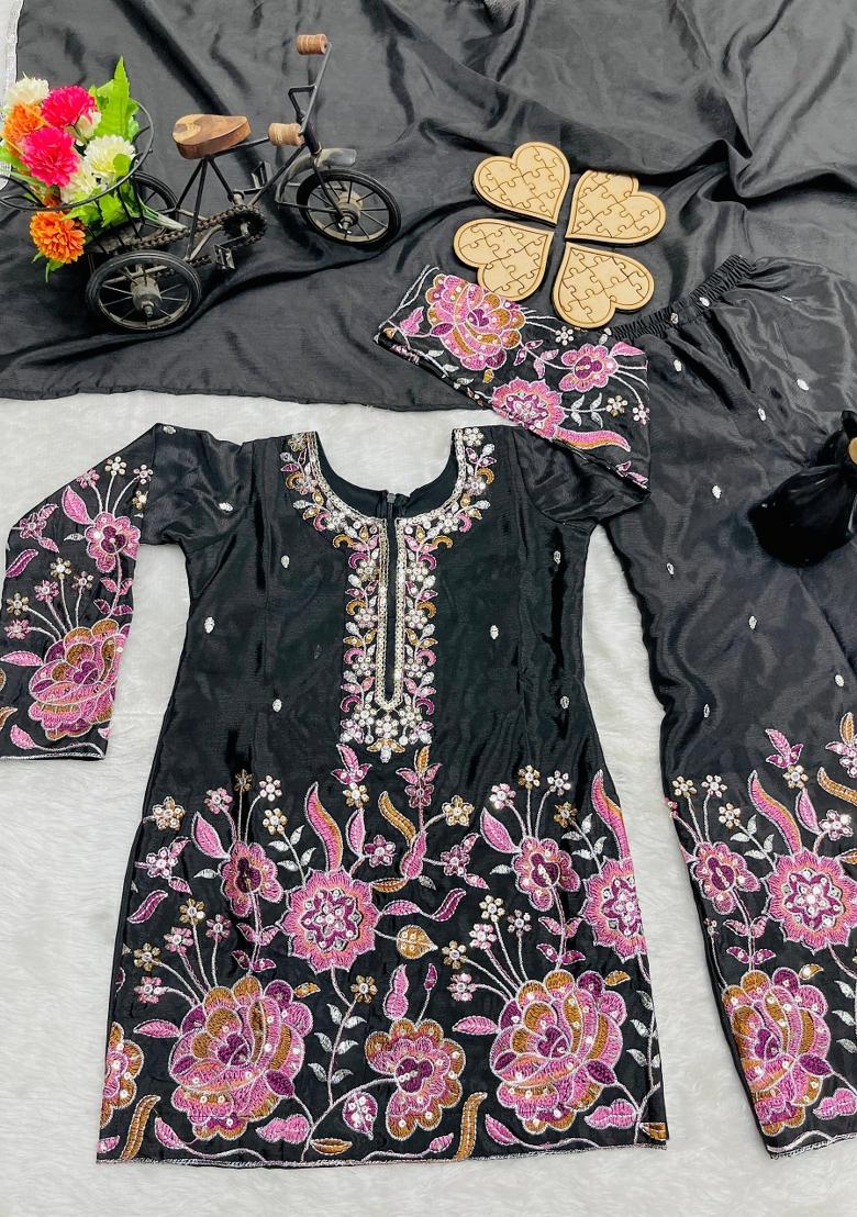Black Sequin Work Silk Sharara Set For Girls - Indya