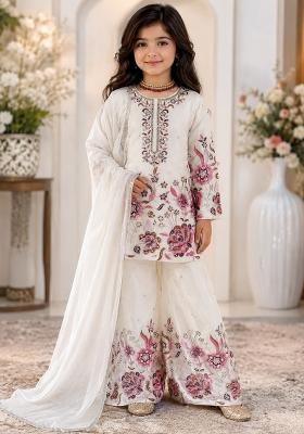 White Sequin Work Silk Sharara Set For Girls