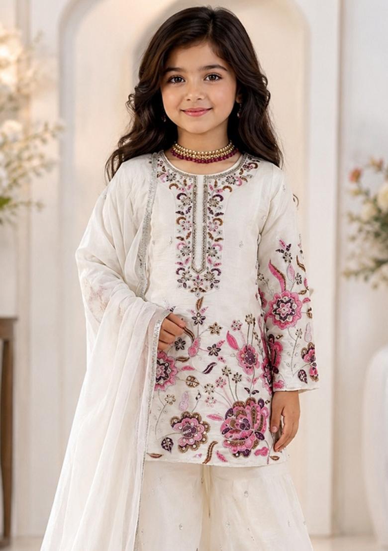 White Sequin Work Silk Sharara Set For Girls - Indya