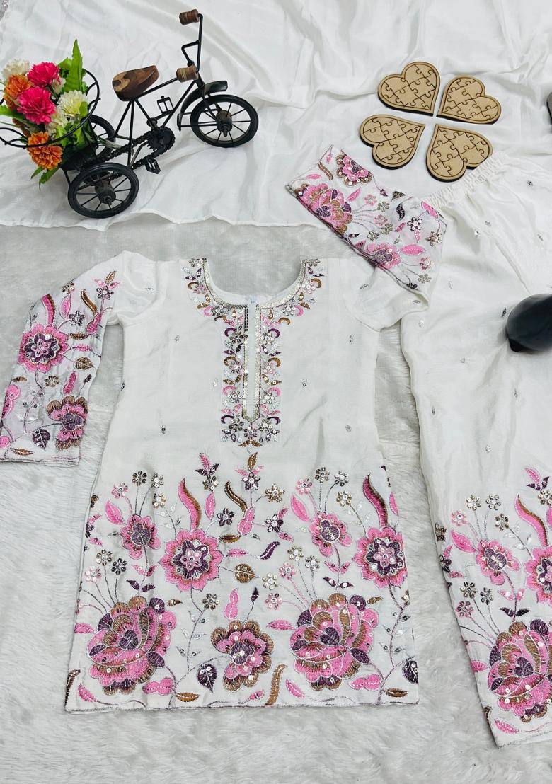 White Sequin Work Silk Sharara Set For Girls - Indya