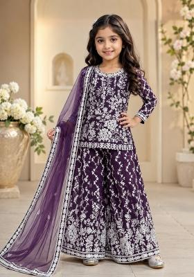 Purple Embroidered Georgette Sharara Set For Girls