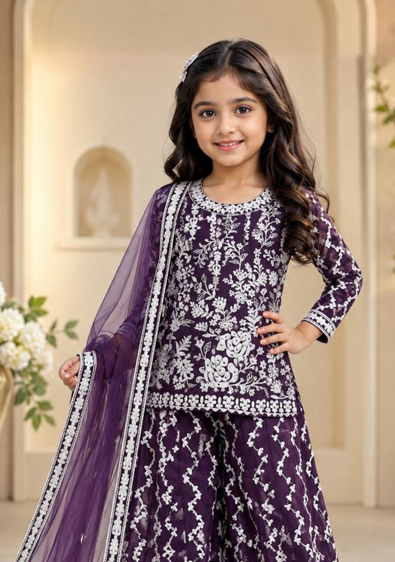 Purple Embroidered Georgette Sharara Set For Girls - Indya