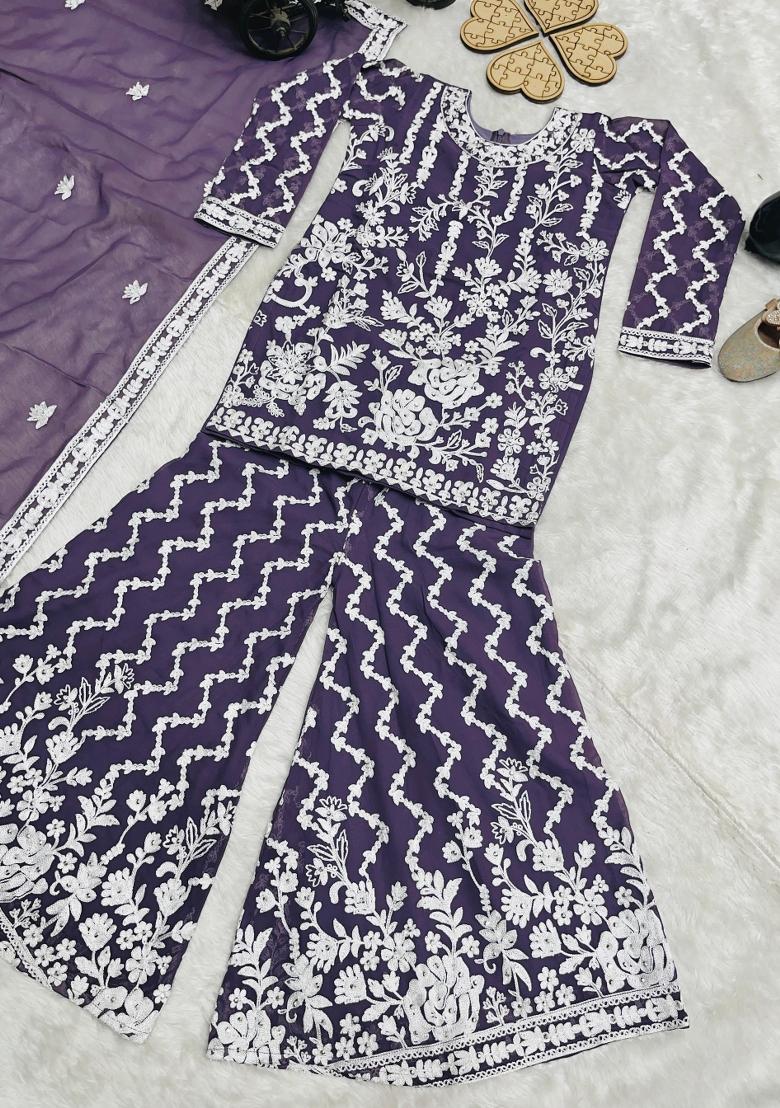 Purple Embroidered Georgette Sharara Set For Girls - Indya