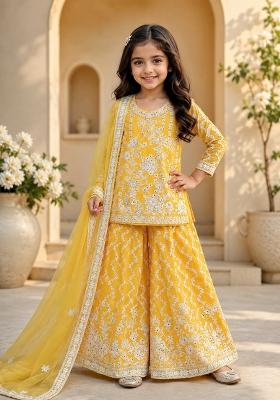 Yellow Embroidered Georgette Sharara Set For Girls