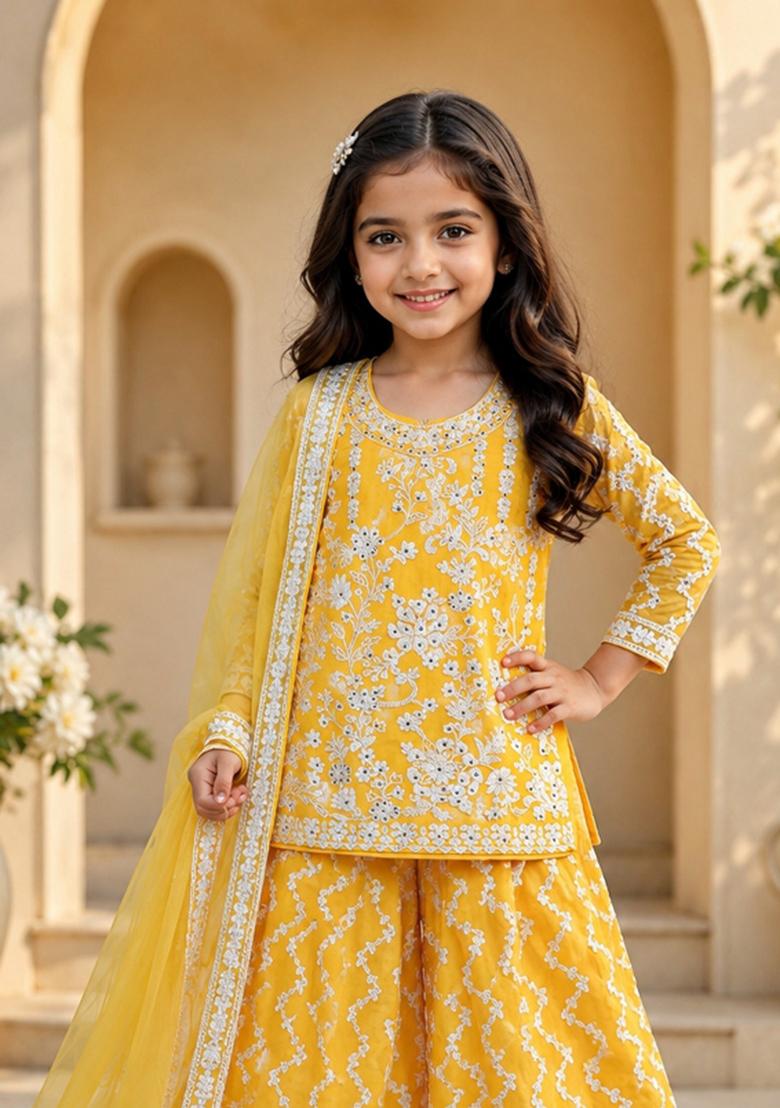 Yellow Embroidered Georgette Sharara Set For Girls - Indya