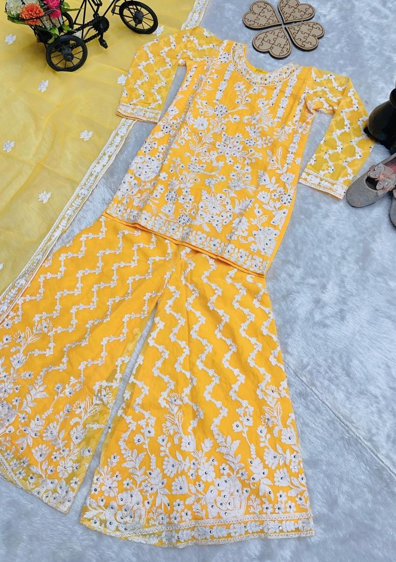 Yellow Embroidered Georgette Sharara Set For Girls - Indya