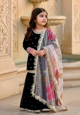 Black Sequin Work Viscose Sharara Set For Girls