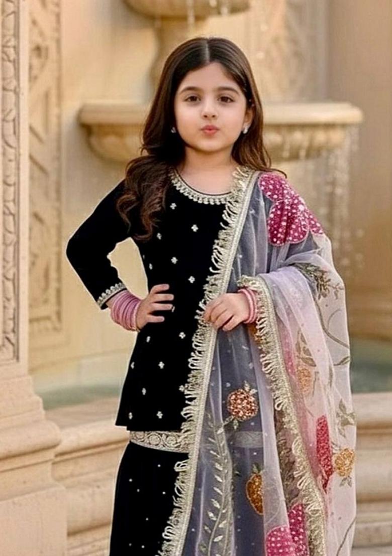 Black Sequin Work Viscose Sharara Set For Girls - Indya