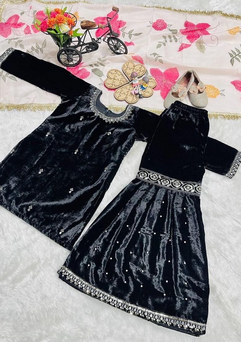 Black Sequin Work Viscose Sharara Set For Girls - Indya