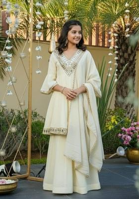 Off White Thread Work Silk Sharara Set For Girls