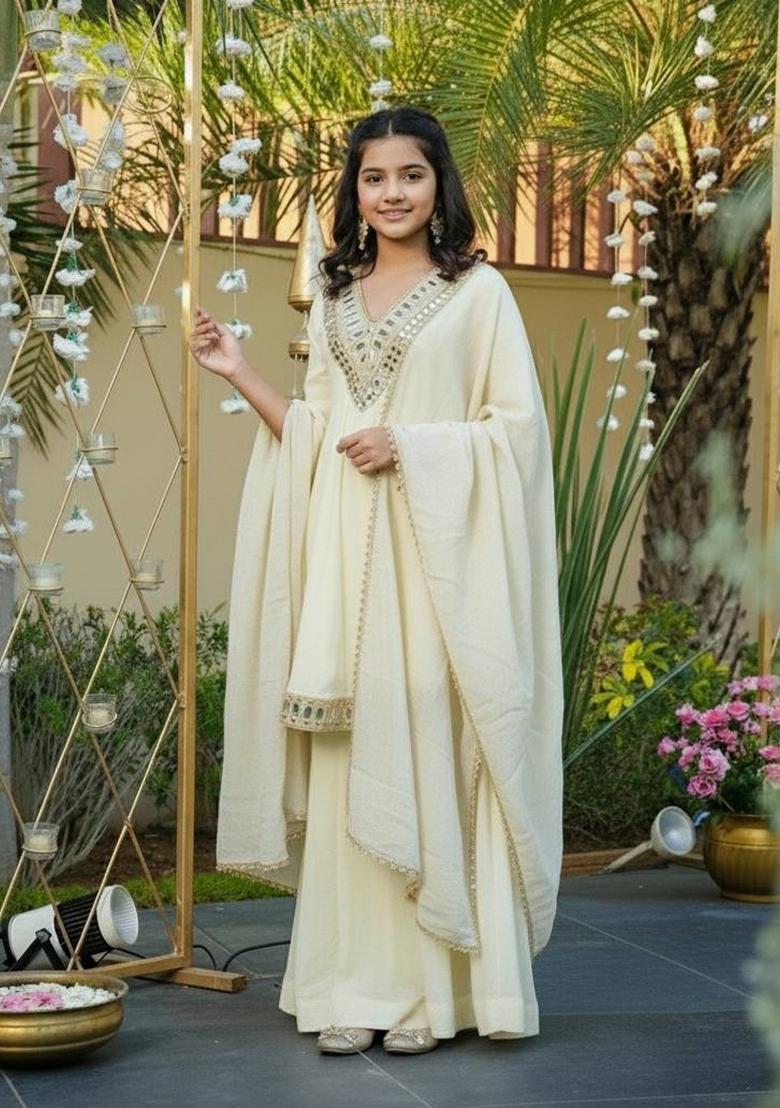 Off White Thread Work Silk Sharara Set For Girls - Indya