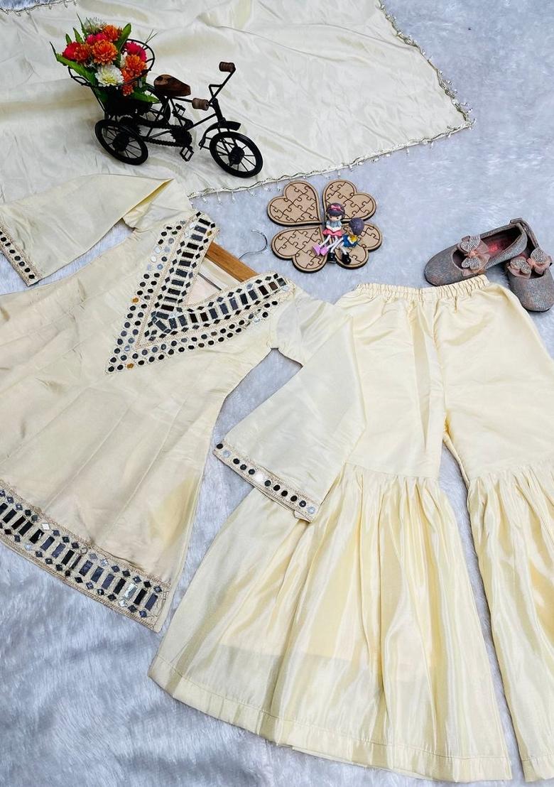 Off White Thread Work Silk Sharara Set For Girls - Indya