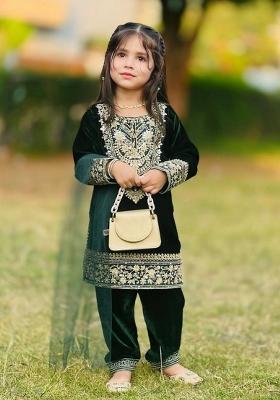 Green Sequin Work Viscose Kurta Set For Girls