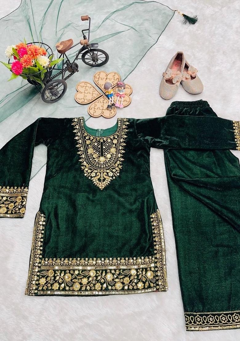 Green Sequin Work Viscose Kurta Set For Girls - Indya