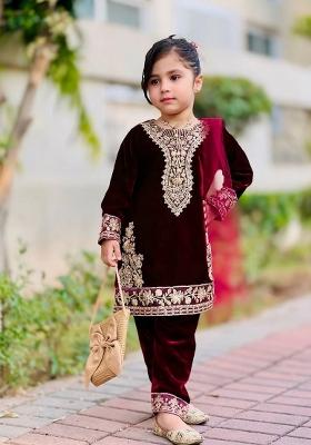 Maroon Sequin Work Viscose Kurta Set For Girls