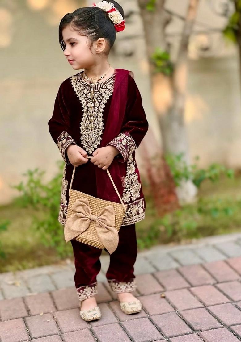 Maroon Sequin Work Viscose Kurta Set For Girls - Indya