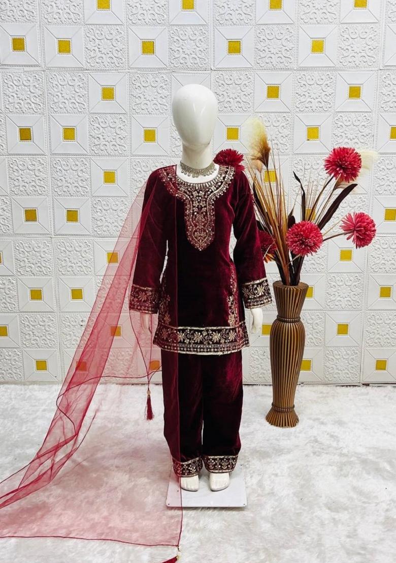 Maroon Sequin Work Viscose Kurta Set For Girls - Indya